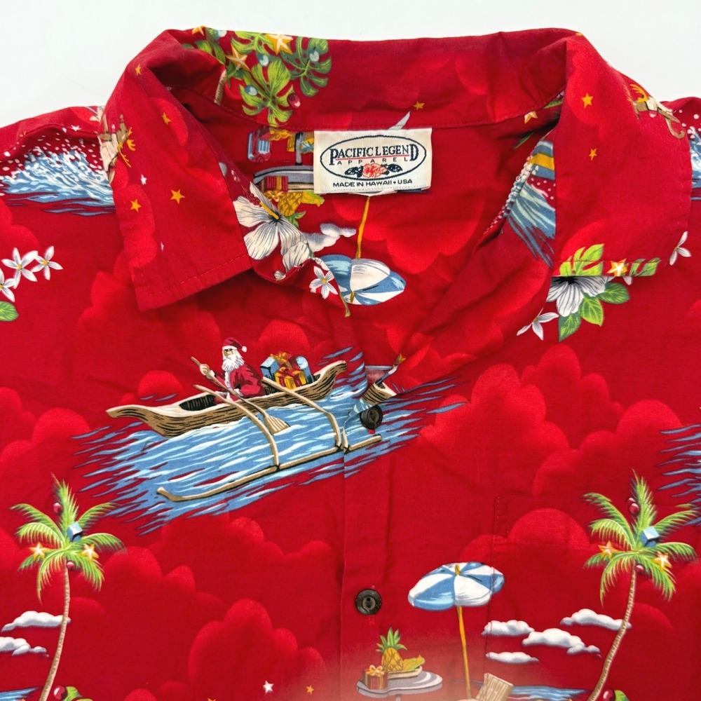 Pacific Legend Shirt Mens L Red Christmas Santa Surfing Hawaiian Aloha Cotton